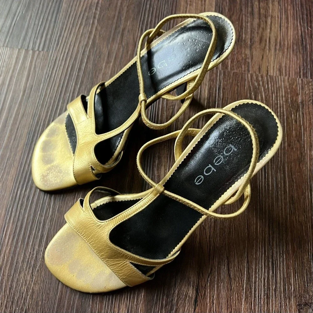 Bebe Sandals Size 6.5 Gillie Crossover Strappy Slingback Heels Metal Gold Yellow